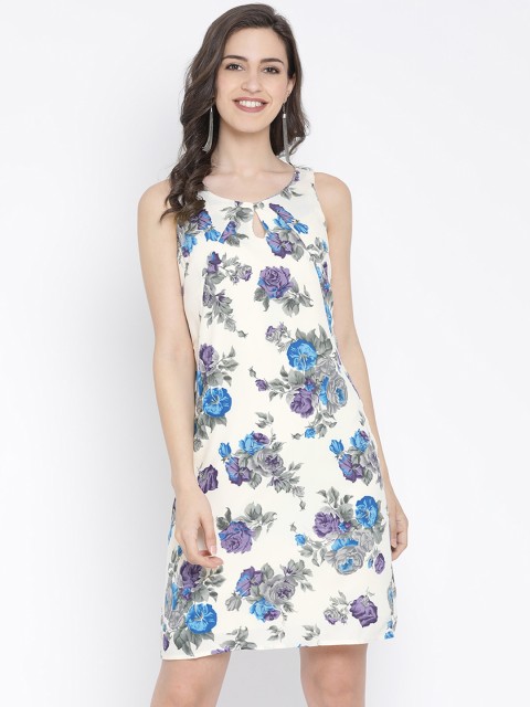 

PURYS Women Off-White & Blue Floral Print Sheath Dress