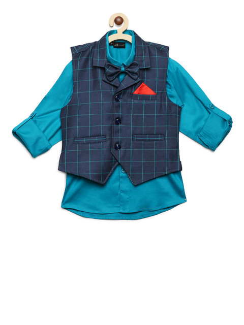 

Aj DEZInES Boys Teal Blue Regular Fit Solid Party Shirt with Waistcoat & Bow Tie