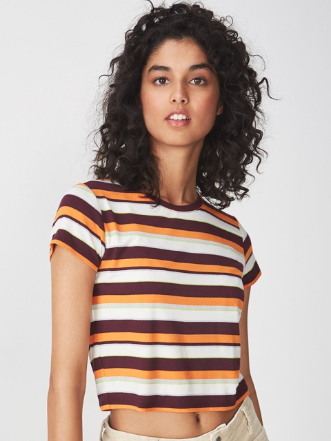 

COTTON ON Women White Striped Round Neck Crop T-shirt