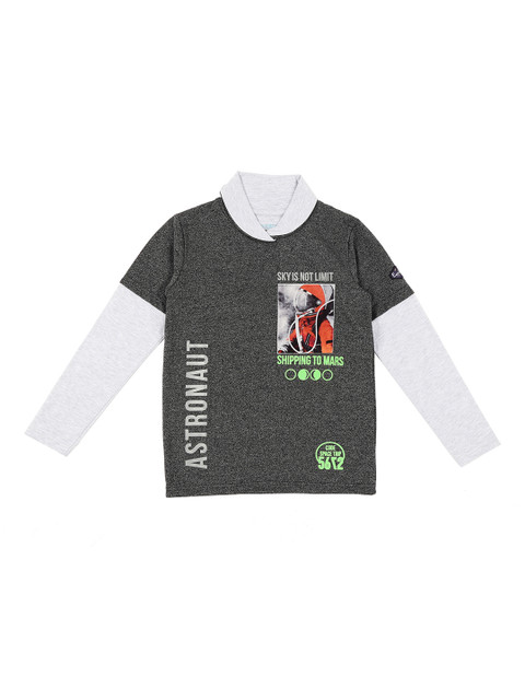 

Pantaloons Junior Boys Grey Printed Mandarin Collar Pure Cotton T-shirt