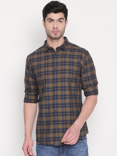 

BYFORD by Pantaloons Men Navy Blue & Brown Slim Fit Checked Casual Shirt