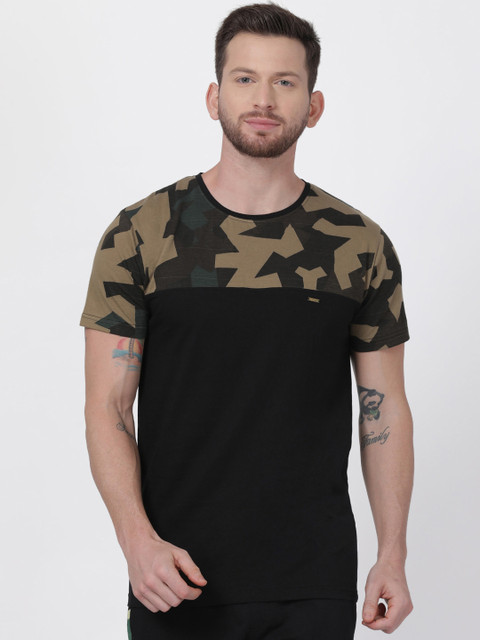 

T-Tog Men Black & Olive Green Printed Round Neck Slim Fit T-shirt