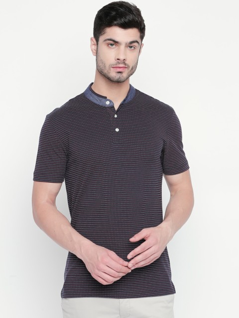 

BYFORD by Pantaloons Men Navy Blue & Red Striped Mandarin Collar T-shirt