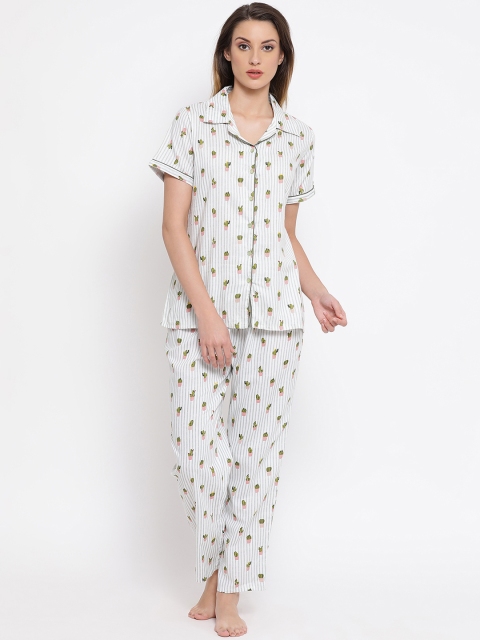 

Clovia Women White & Green Printed Night Suit LS0287P01XL