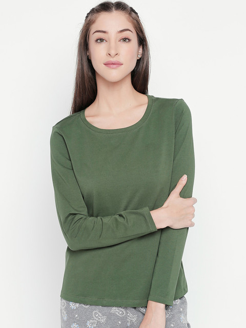 

Dreamz by Pantaloons Women Olive Green Solid Round Neck Lounge T-shirt