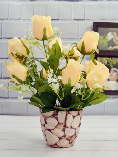 

Fancy Mart Beige & Green Artificial Rose Bouquet With Pot