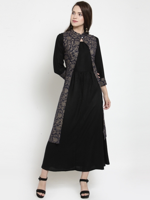 

WESTCLO Women Black & Gold-Toned Printed Fit and Flare Dress