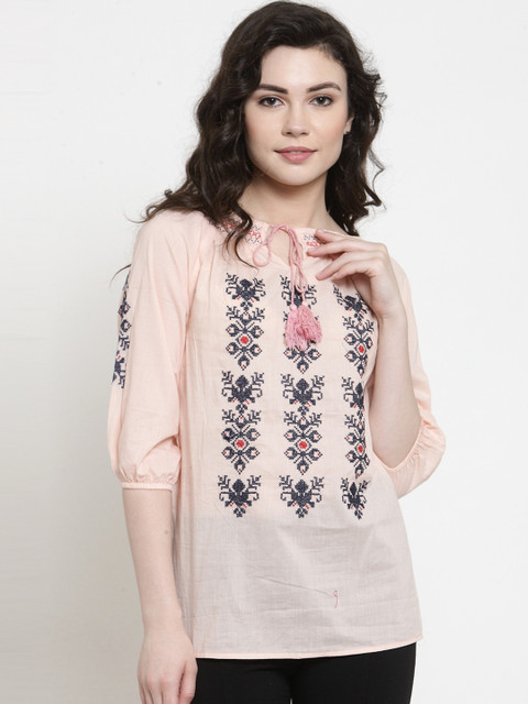 

Purple State Women Peach-Coloured Embroidered Top