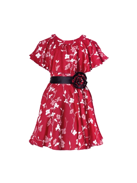 

naughty ninos Girls Maroon & White Floral Printed Fit and Flare Dress