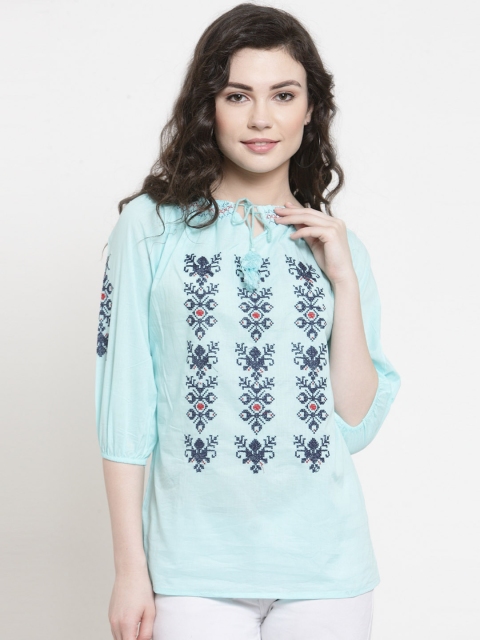 

Purple State Women Sea Green Embroidered Top