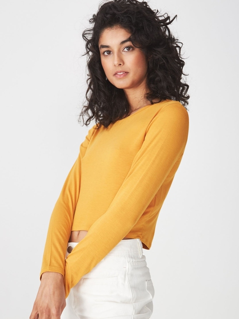 

COTTON ON Women Yellow Solid Round Neck Crop T-shirt