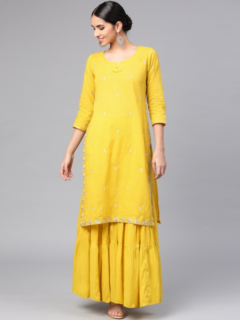 

Ishin Women Mustard Yellow Embroidered Straight Kurta