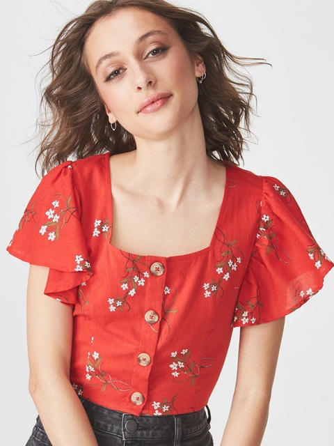 

COTTON ON Women Red & White Floral Printed Crop Top