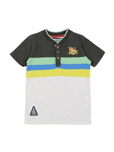 

Pantaloons Junior Boys Grey Colourblocked Mandarin Collar Pure Cotton T-shirt
