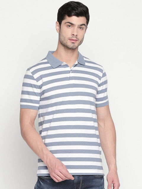 

BYFORD by Pantaloons Men Blue Striped Polo Collar T-shirt