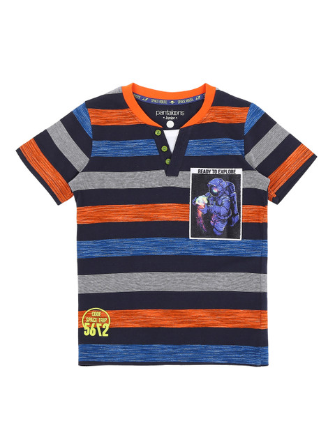 

Pantaloons Junior Boys Multicoloured Striped Mandarin Collar Pure Cotton T-shirt, Multi