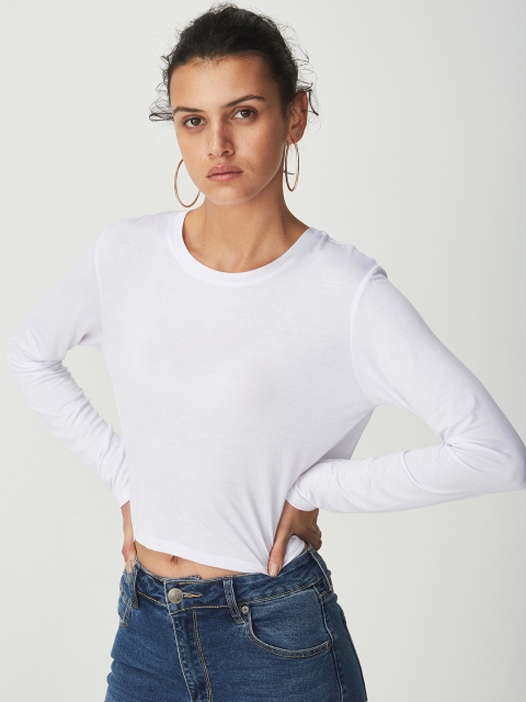 

COTTON ON Women White Solid Round Neck Crop T-shirt