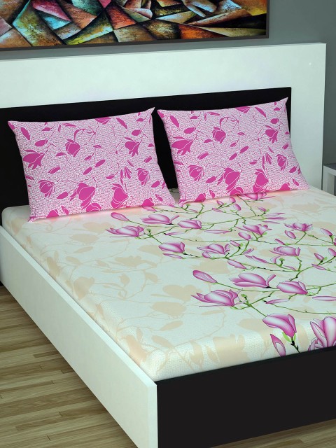 Divine Casa Peach-Coloured & Pink Floral 144 TC Cotton Queen Bedsheet with 2 Pillow Covers