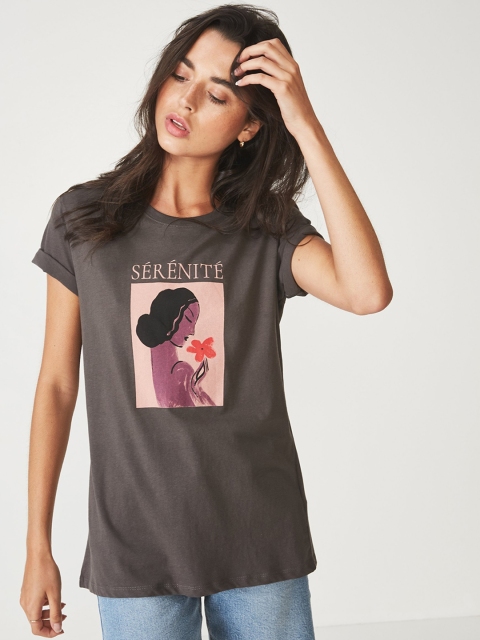 

COTTON ON Women Grey Printed Round Neck T-shirt