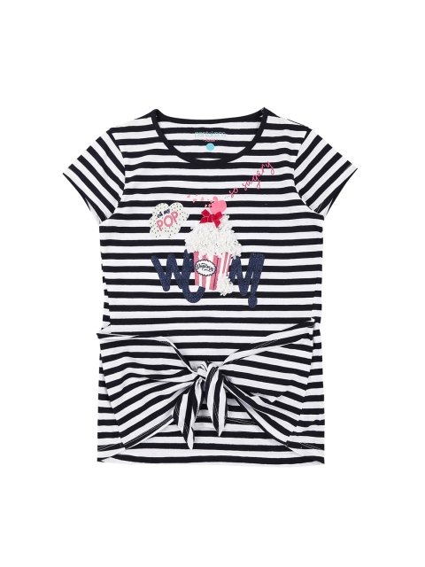 

Pantaloons Junior Girls Navy Blue White Striped Round Neck Pure Cotton T-shirt