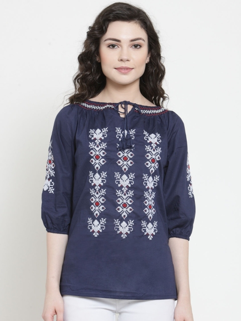 

Purple State Women Navy Blue Embroidered Pure Cotton Top