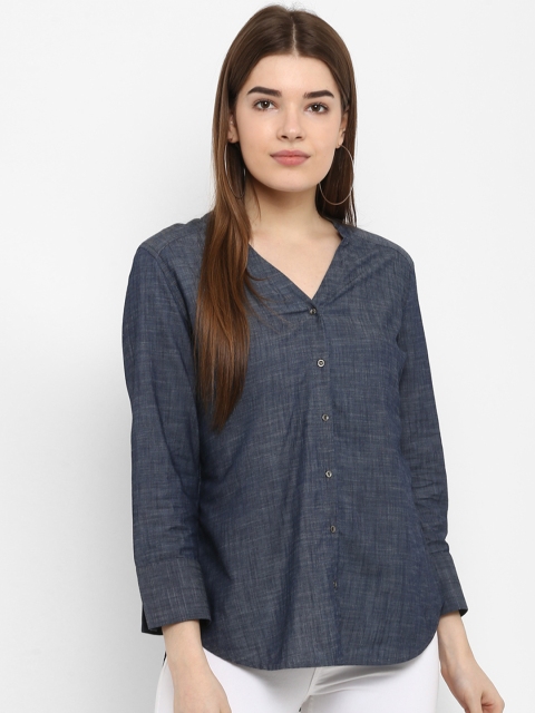 

FOSH Women Blue Solid Shirt Style Top