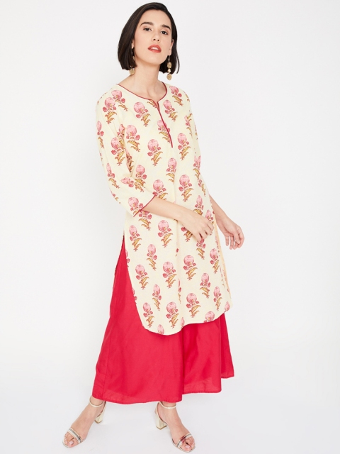

Melange by Lifestyle Women Cream-Coloured & Pink Printed Straight Kurta