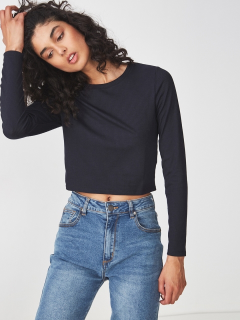 

COTTON ON Women Navy Blue Ribbed Round Neck Crop T-shirt