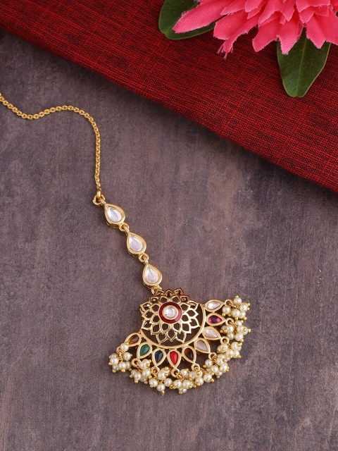 

Studio Voylla Women Gold-Plated & Multicoloured Stone & Pearl Embellished Maang Tikka