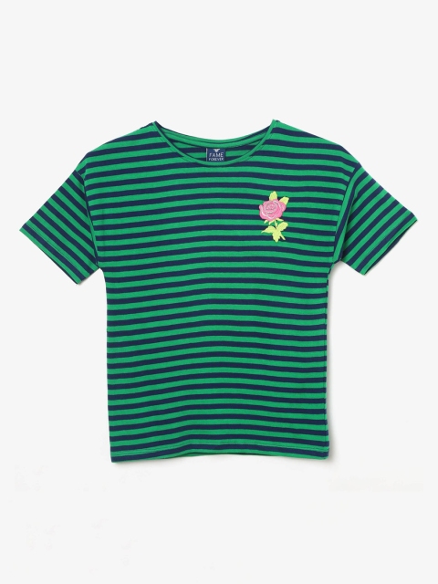 

Fame Forever by Lifestyle Girls Green Striped Round Neck T-shirt