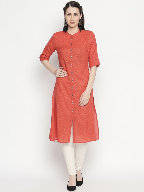 

RANGMANCH BY PANTALOONS Women Rust Orange Woven Design Straight Kurta