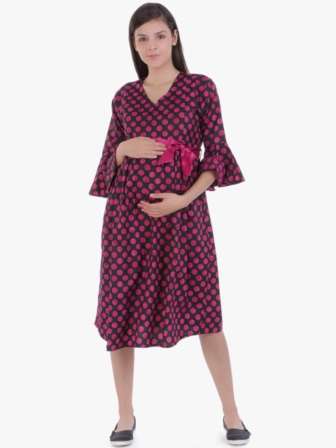 

MomToBe Women Black & Pink Printed Maternity Empire Dress