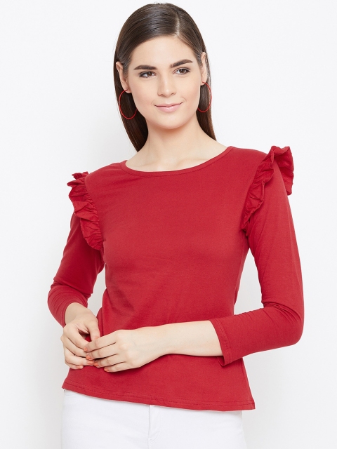 

CHROME & CORAL Women Red Solid Round Neck T-shirt