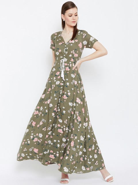 

Berrylush Women Olive Green & White Floral Print Maxi Dress