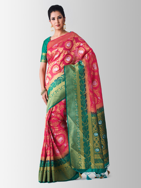 

MIMOSA Pink & Green Art Silk Woven Design Kanjeevaram Saree