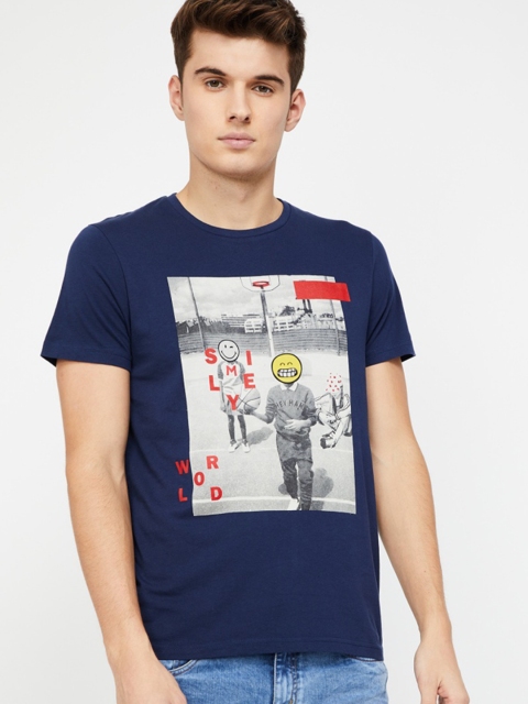 

Smiley World Men Navy Blue Printed Round Neck T-shirt
