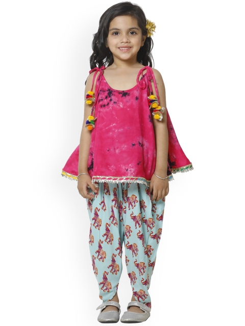 

LilPicks Girls Pink & Blue Dyed Kurta with Dhoti Pants