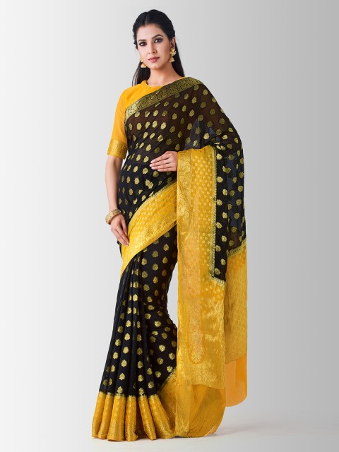 

MIMOSA Black & Yellow Poly Chiffon Woven Design Kanjeevaram Saree