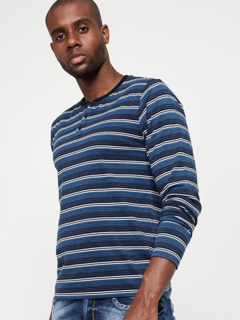 

Forca by Lifestyle Men Navy Blue & White Striped Henley Neck T-shirt