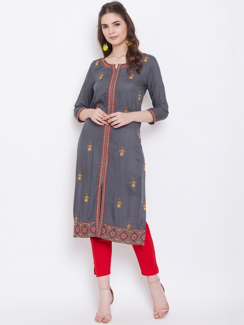 

rangeelo rajasthan Women Grey Floral Embroidered Straight Kurta