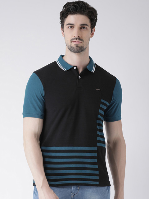 

Club York Men Black Striped Polo Collar T-shirt