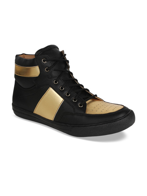 

Guava Men Black & Gold-Coloured Colourblocked Synthetic Leather Mid-Top Sneakers