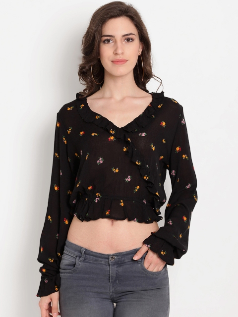 

TAG 7 Women Black Printed Cinched Waist Crop Top