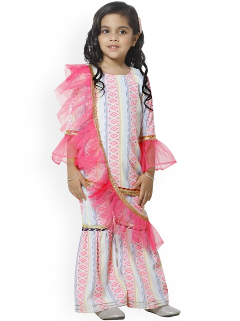 

LilPicks Girls Pink & White Printed Kurta with Sharara & Dupatta