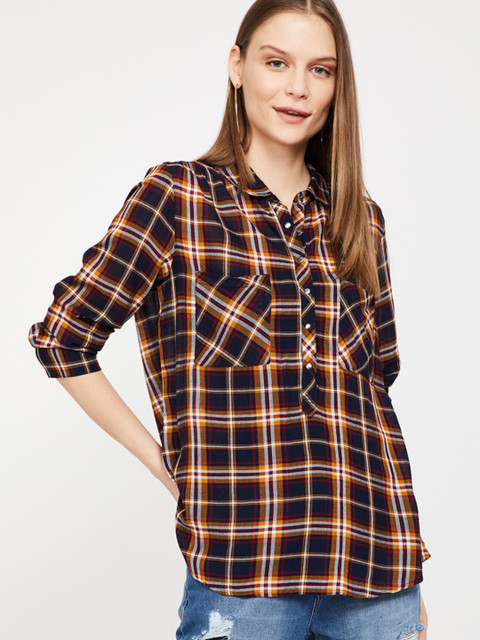 

Fame Forever by Lifestyle Women Navy Blue & Yellow Regular Fit Checked Casual Shirt