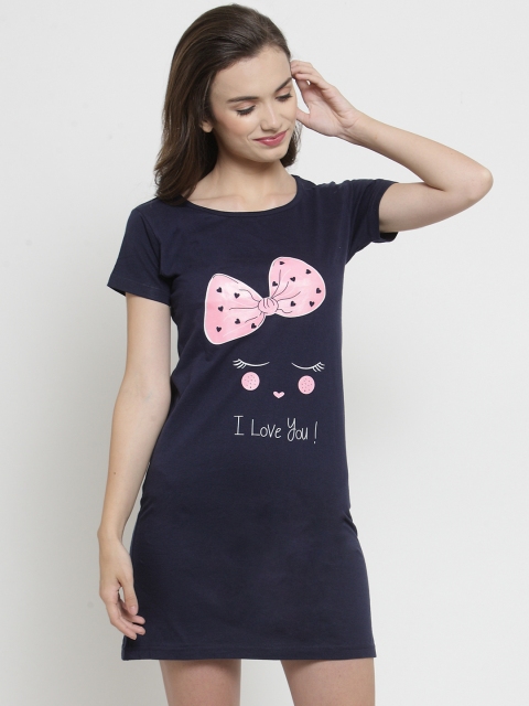 

Claura Navy Blue Printed Nightdress Cot-124-SN