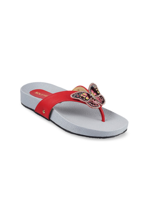 

SOLE HEAD Women Red & Grey Solid Open Toe Flats