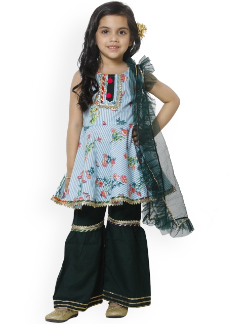 LilPicks Girls Blue Printed Kurta with Sharara & Dupatta