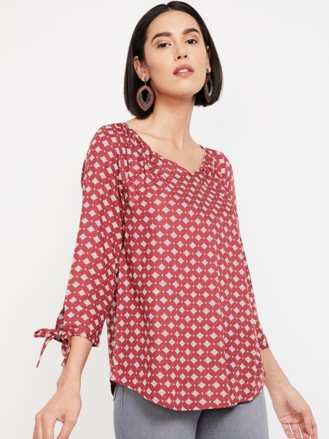 

Fame Forever by Lifestyle Women Rust Red Printed Tie-Up Sleeve Top