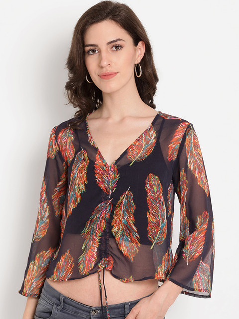 

TAG 7 Women Navy Blue Printed High-Low Top